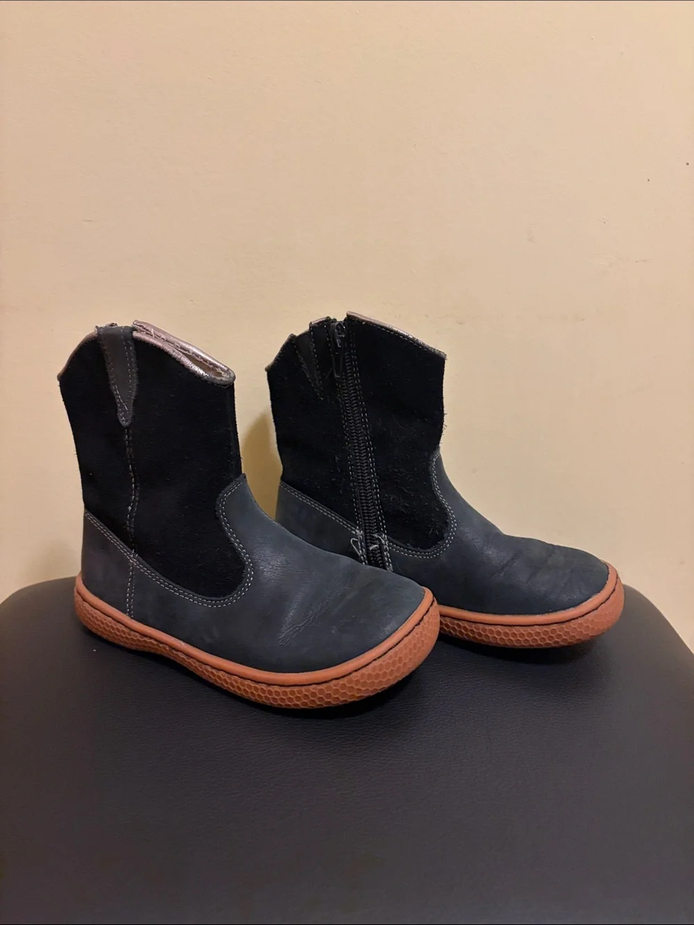 Livie & Luca Black Leather and Suede Kids Zip Boots with Brown Sole